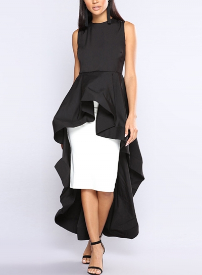 Fashion Slim Solid Irregular Flounced Sleeveless Round Neck Dress STYLESIMO.com