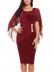 Burgundy Waist Pleated Rhinestone Detail Bodycon Midi Dress