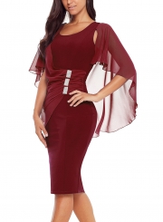 Burgundy Waist Pleated Rhinestone Detail Bodycon Midi Dress