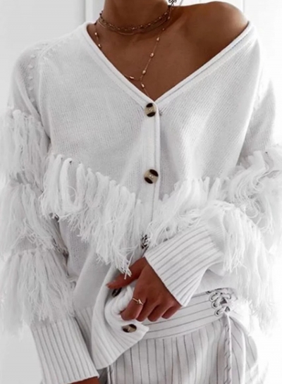 White Casual Tassel Loose Cardigan YOUYOUFASHIONEC.com