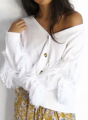 White Casual Tassel Loose Cardigan