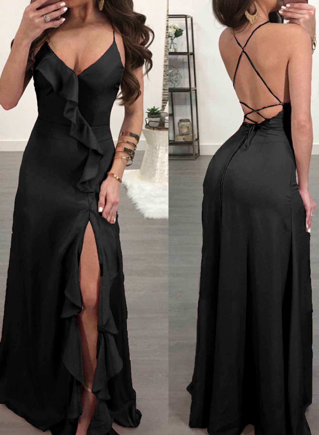 Black Spaghetti Strap Backless High Slit Maxi Cocktail Dress 6100