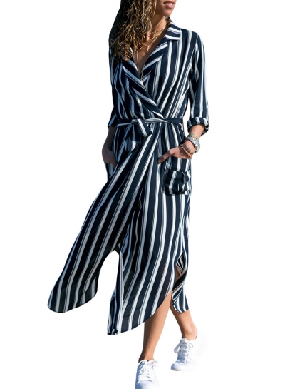 Autumn Striped Coat style Slit Dress With Blet YOUYOUFASHIONEC.com