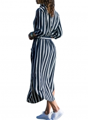 Autumn Striped Coat style Slit Dress With Blet