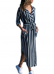 Autumn Striped Coat style Slit Dress With Blet