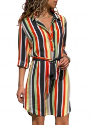 Striped Turn-Down Collar Long Sleeve Button Down Dress With Belt