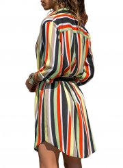 Striped Turn-Down Collar Long Sleeve Button Down Dress With Belt