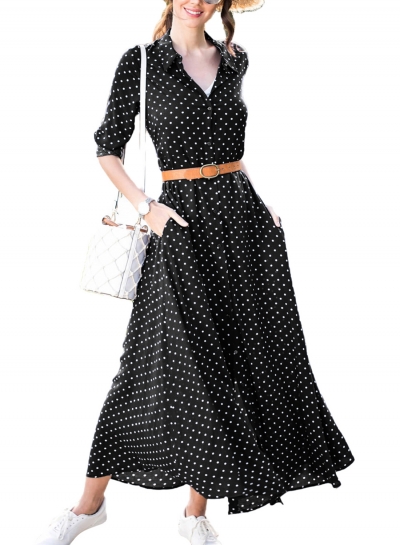 Casual Half Sleeve Button Down Polka Dot Pockets Maxi Dress With Belt YOUYOUFASHIONEC.com