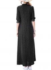 Casual Half Sleeve Button Down Polka Dot Pockets Maxi Dress With Belt