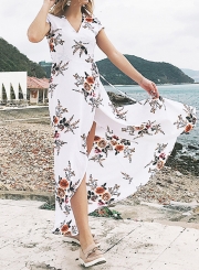 Sexy Floral Print V Neck Short Sleeve Waist Tie Slit Maxi Dress