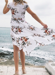 Sexy Floral Print V Neck Short Sleeve Waist Tie Slit Maxi Dress