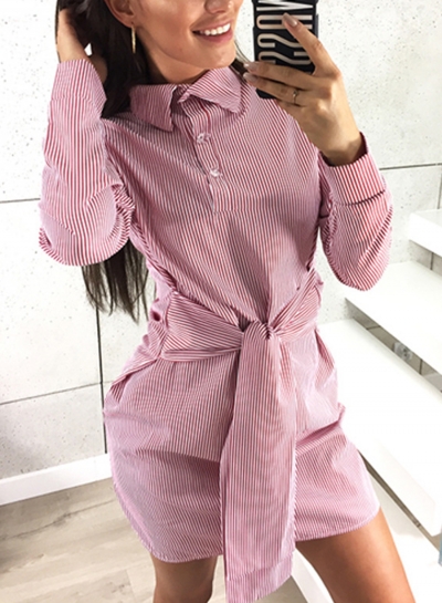 Striped Turn-Down Collar Long Sleeve Waist Tie Button Dress YOUYOUFASHIONEC.com