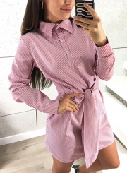 Striped Turn-Down Collar Long Sleeve Waist Tie Button Dress