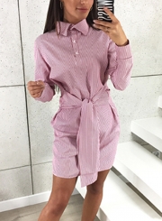 Striped Turn-Down Collar Long Sleeve Waist Tie Button Dress