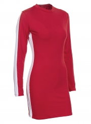 Red Sexy Color Block Round Neck Long Sleeve Slim Bodycon Dress