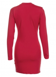 Red Sexy Color Block Round Neck Long Sleeve Slim Bodycon Dress