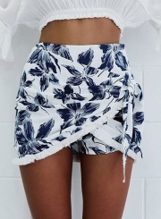 Summer Floral Print Elastic Waist Irregular Short Skirt