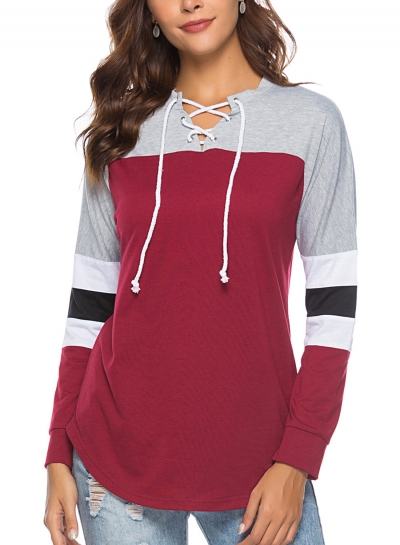 Casual Striped Long Sleeve Lace-Up Neck Color Block Loose Tee YOUYOUFASHIONEC.com