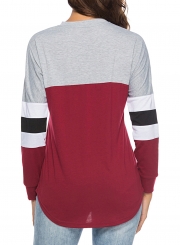 Casual Striped Long Sleeve Lace-Up Neck Color Block Loose Tee