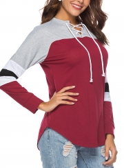 Casual Striped Long Sleeve Lace-Up Neck Color Block Loose Tee