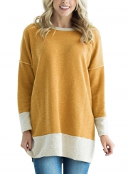 Yellow Round Neck Long Sleeve Color Block Loose Long Sweatshirt