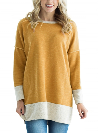 Yellow Round Neck Long Sleeve Color Block Loose Long Sweatshirt STYLESIMO.com