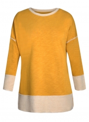 Yellow Round Neck Long Sleeve Color Block Loose Long Sweatshirt