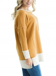 Yellow Round Neck Long Sleeve Color Block Loose Long Sweatshirt