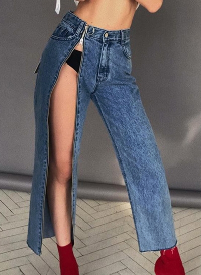Retro Wash High Waist Slit Leg Straight Denim Jeans With Pockets