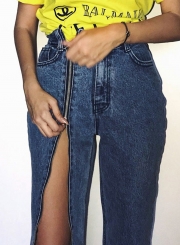 Retro Wash High Waist Slit Leg Straight Denim Jeans With Pockets