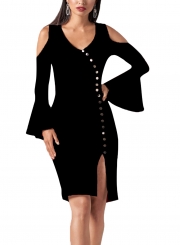 Black Off Shoulder Flare Sleeve Slit Button Down Bodycon Dress