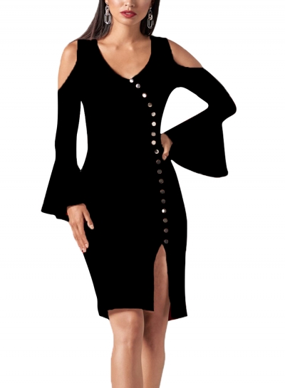 Black Off Shoulder Flare Sleeve Slit Button Down Bodycon Dress YOUYOUFASHIONEC.com