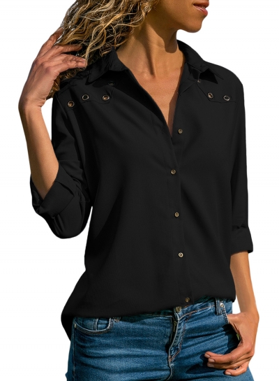 Black Casual Turn-Down Collar Long Sleeve Loose Button Down Shirt YOUYOUFASHIONEC.com