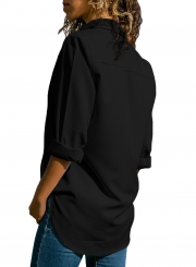 Black Casual Turn-Down Collar Long Sleeve Loose Button Down Shirt