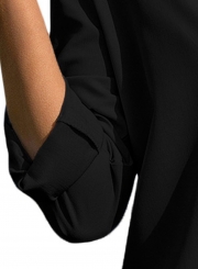 Black Casual Turn-Down Collar Long Sleeve Loose Button Down Shirt