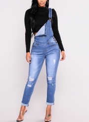 Casual Destroyed Ripped Distressed Denim Overalls Jumpsuit With Pockets