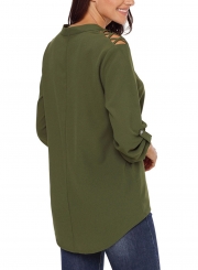 Army Green Women's V Neck Rolled-Up Long Sleeve Solid Color Hollow Out Blouse