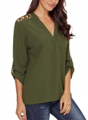 Army Green Women's V Neck Rolled-Up Long Sleeve Solid Color Hollow Out Blouse