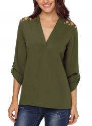 Army Green Women's V Neck Rolled-Up Long Sleeve Solid Color Hollow Out Blouse