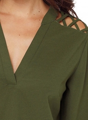 Army Green Women's V Neck Rolled-Up Long Sleeve Solid Color Hollow Out Blouse