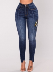 Casual Emnroidered Irregular High Waist Slim Fit Skinny Jeans