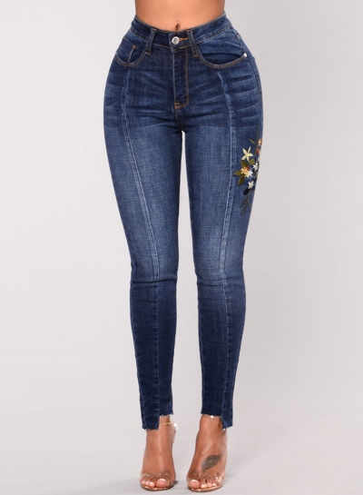 Casual Emnroidered Irregular High Waist Slim Fit Skinny Jeans STYLESIMO.com