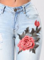 Casual Faded Ripped Embroidered High Waist Skinny Jeans With Pockets