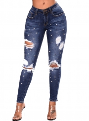 Classic Beading Destroyed Jeans Ripped Denim Jeans