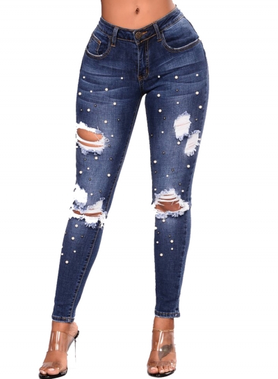 Classic Beading Destroyed Jeans Ripped Denim Jeans STYLESIMO.com