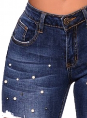 Classic Beading Destroyed Jeans Ripped Denim Jeans