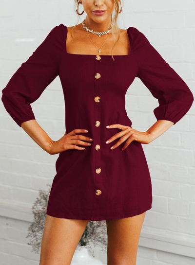 Burgundy Casual Square Neck 3/4 Sleeve Solid Color Button Down Mini Dress