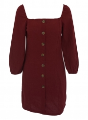 Burgundy Casual Square Neck 3/4 Sleeve Solid Color Button Down Mini Dress