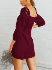 Burgundy Casual Square Neck 3/4 Sleeve Solid Color Button Down Mini Dress