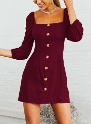 Burgundy Casual Square Neck 3/4 Sleeve Solid Color Button Down Mini Dress